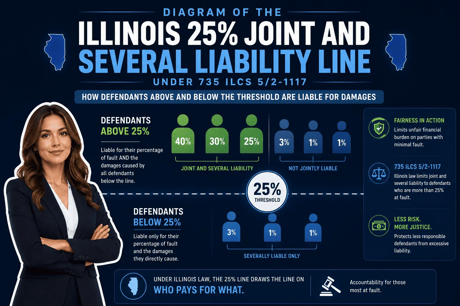 Diagram of the Illinois 25 percent joint and several liability line under 735 ILCS 5/2-1117 showing how defendants above and below the threshold are liable for damages