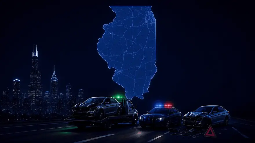 Animated map of Illinois over the Chicago skyline with an accident scene, showing statewide MVA lead coverage