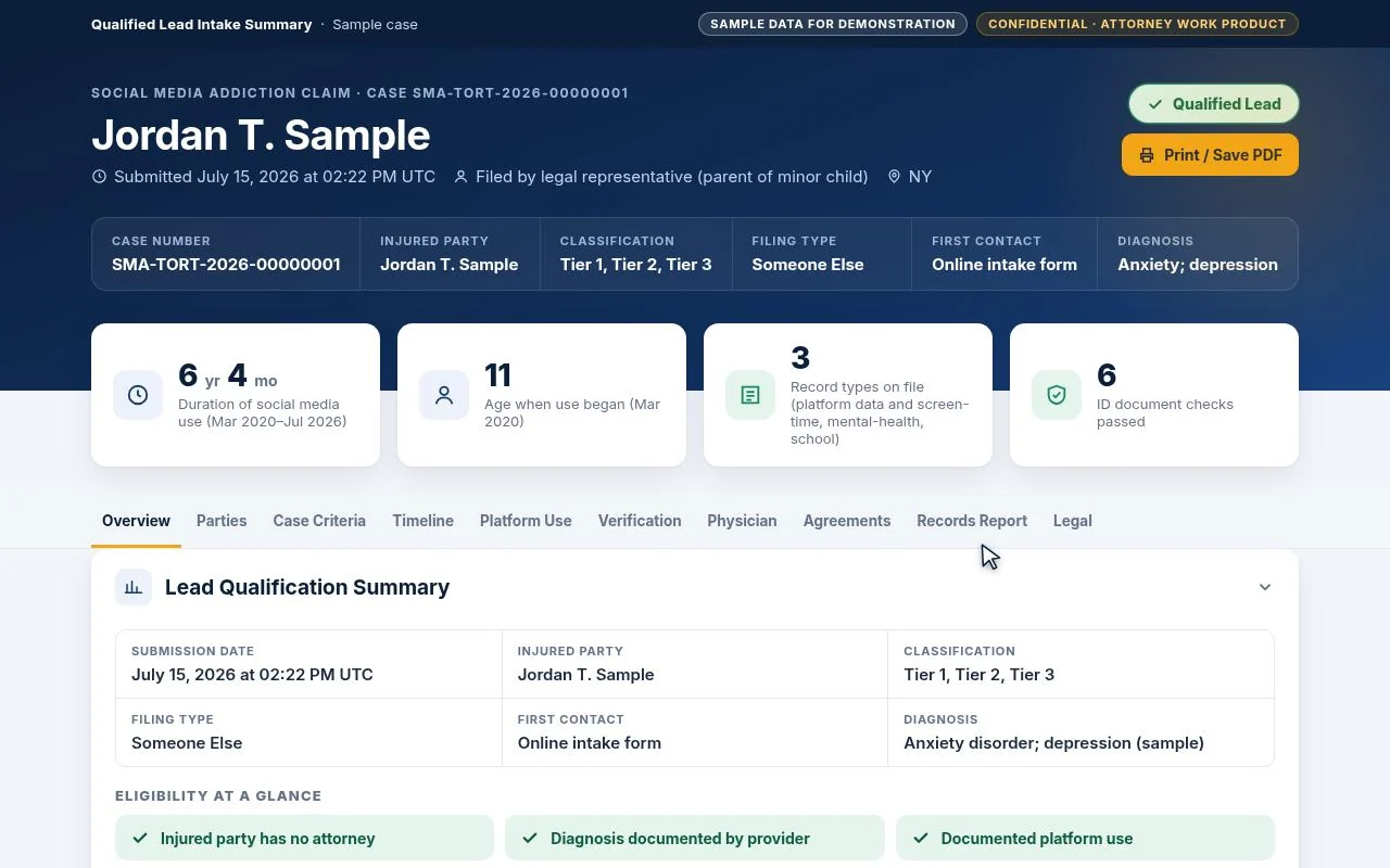 Sample Social Media Addiction case package: qualified lead intake summary with case number, claimant, classification, diagnosis, duration of use and verification checks
